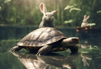 Keuken spatwand met foto A turtle practicing martial arts with a sensei rabbit © Rao Saad Ishfaq