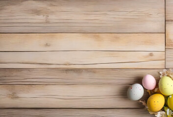 Colorful Easter background. Abstract festive backdrop in vintage style with wooden surface and colored eggs.