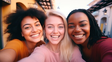 Fototapeta premium Three young multiracial women taking selfie with smart phone outside. Smiling at camera together
