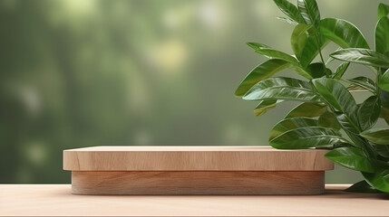 Minimalist wooden stand on bright background with vibrant green plant, perfect for product display. AI Generative