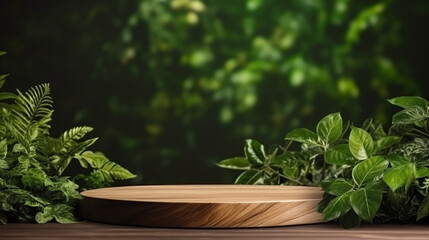 Sleek wood platform with assorted greenery on dark backdrop, ideal for showcasing eco-friendly products. AI Generative