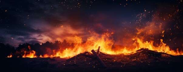 The fire has engulfed the forest at night and is spreading at high speed, flames rising upwards, smoke all around. Concept: Natural disaster, forest fire. Ultra-wide panoramic banner - obrazy, fototapety, plakaty