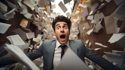 A busy businessman looking stressed envelopes are circling above him attacking him.