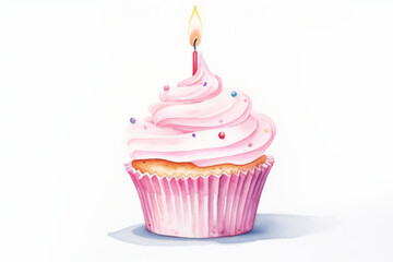 Watercolor illustration of a festive cupcake with a candle isolated on white background. AI generative - obrazy, fototapety, plakaty