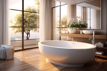 Fototapeta na wymiar Exclusive bathroom, Oval bathtub with wooden floor, White sink with ceiling faucet.