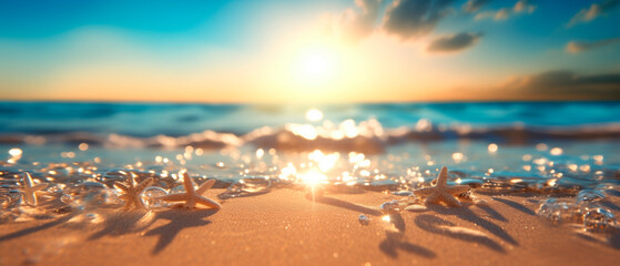 Sand with blue Sea Summer Holiday Vacation Starfish glittering sunshine sunlight blurred background copy space 