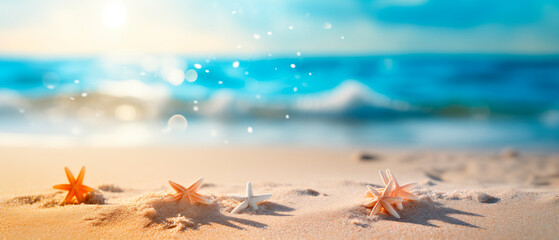 Sand with blue Sea Summer Holiday Vacation Starfish glittering sunshine sunlight blurred background copy space 