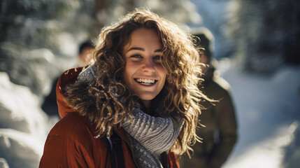 Fototapeta na wymiar Friends Teenagers smile on a winter street. Snow all around, sunny day