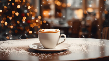 Fototapeta premium Empty Christmas decorated cafe, Coffee with hot cocoa on table in the foreground.