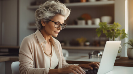Focused mature woman using laptop at home minimalist superb clean.