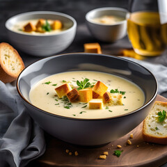 Creamy soup with croutons and cheese