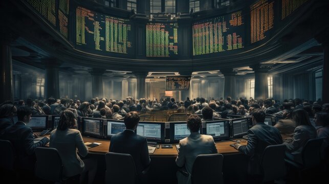A bustling stock exchange room with traders, stock prices dropping and concerned stakeholders in a meeting room.