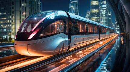 A sleek futuristic train hovering in the middle of a bright neon-lit at modern city.