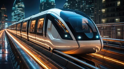 A sleek futuristic train hovering in the middle of a bright neon-lit at modern city.