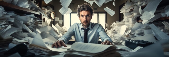 Businessman with piles of paperwork and steering chaos in the workplace. - obrazy, fototapety, plakaty