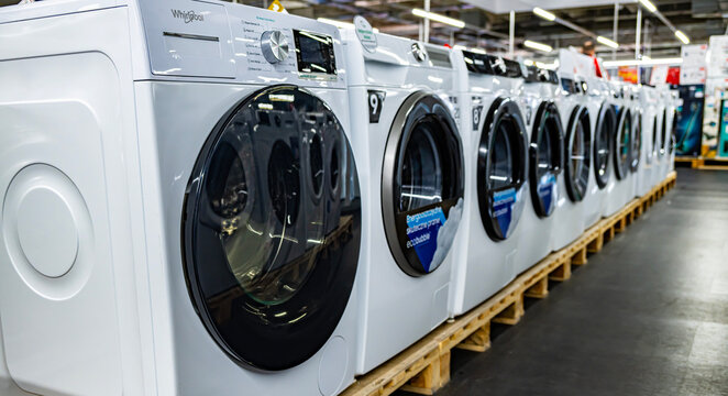 Washing machines by Whirlpool in a household goods store