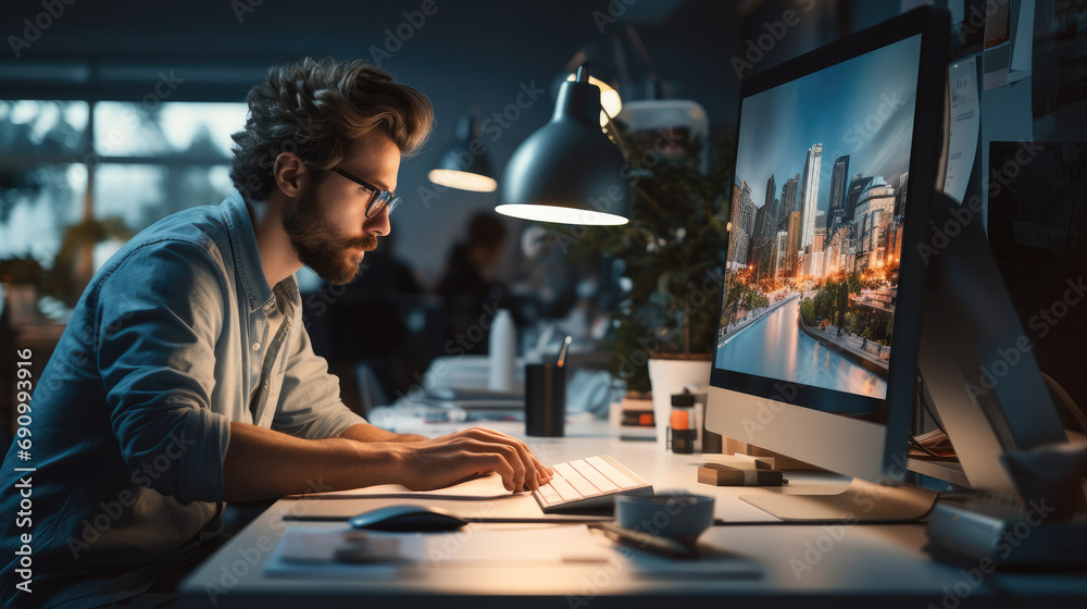 Poster graphic designer working in a white modern office flooded with light.