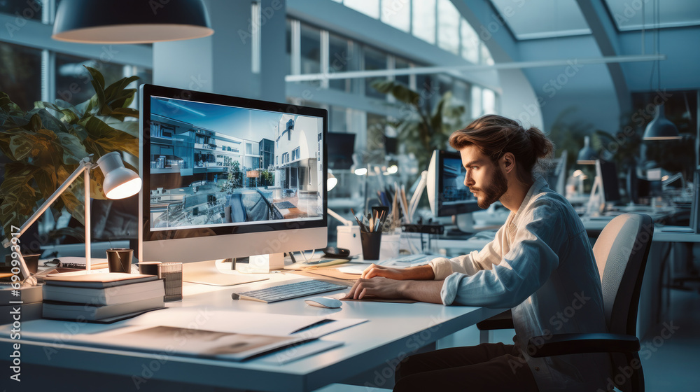 Aufkleber graphic designer working in a white modern office flooded with light.