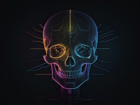 transparent glowing human skull, glowing lines, black background, for design, isolated