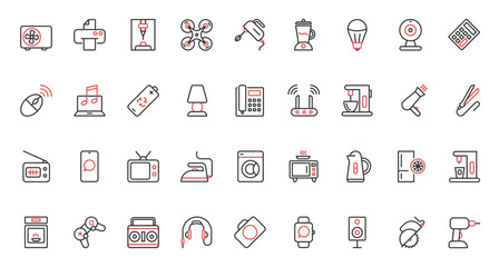 Kitchen appliances and electric household equipment trendy red black thin line icons set vector illustration. Microwave oven, mixer home coffee machine cooking food, hairdryer air conditioner