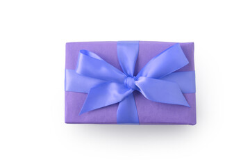 Top view of violet rectangular present box with ribbon isolated on white background