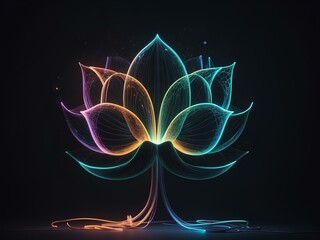 transparent glowing flower, glowing lines, black background, for design, isolated