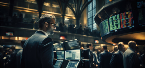 A crowd of people work on the stock exchange.