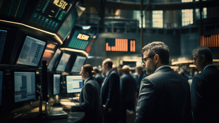 A crowd of people work on the stock exchange. - obrazy, fototapety, plakaty