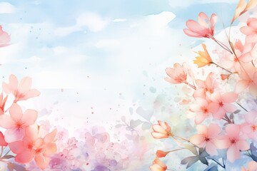 Fototapeta na wymiar Watercolor illustration of a abstract spring flowers background with a copy space. AI generative
