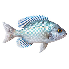 Multicolored aquarium fish on a transparent background, side view. The Spiny Chromis, an gray and blue saltwater aquarium fish, isolated on a white background, a design element for insertion