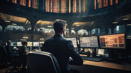 Naklejka premium Investment bankers sit on busy trading floors, Intently studying market movements.