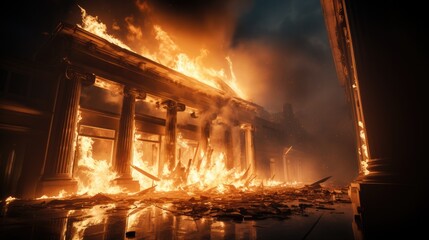Bank on fire, Bankruptcy symbolized by a burning financial bank building a bank crash a financial crisis.