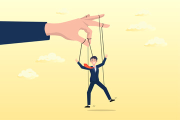 Mystery hand control string on businessman puppet doll, domination or manipulate by control puppet doll, marionette or exploitation, authority or boss micro management, dictator or slave (Vector)
