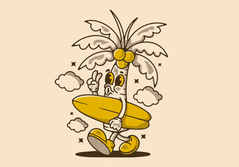 Mascot character illustration of coconut tree holding a surfing board