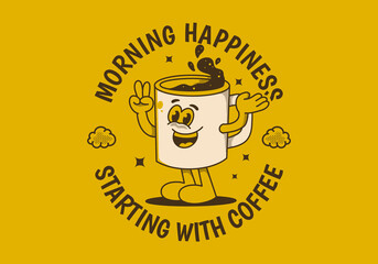 Morning happiness starting with coffee. Vintage mascot character of coffee mug with happy face