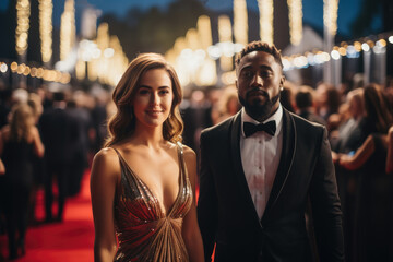 Mixed race Gen z couple woman with walking through photographers on a red carpet at a gala film awards. - obrazy, fototapety, plakaty