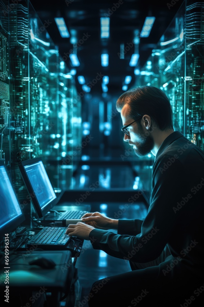 Poster IT professional admin using laptop computer doing data transfer operation with rack server cabinets in digital room of data center, Cyber security.