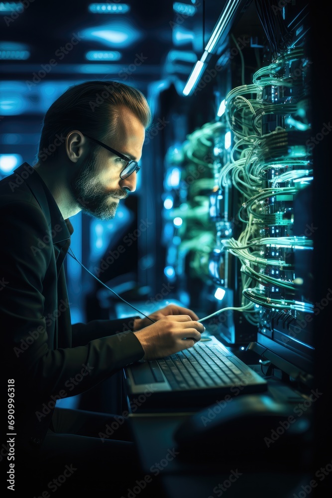 Poster IT professional admin using laptop computer doing data transfer operation with rack server cabinets in digital room of data center, Cyber security.