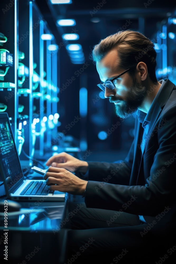 Aufkleber IT professional admin using laptop computer doing data transfer operation with rack server cabinets in digital room of data center, Cyber security.