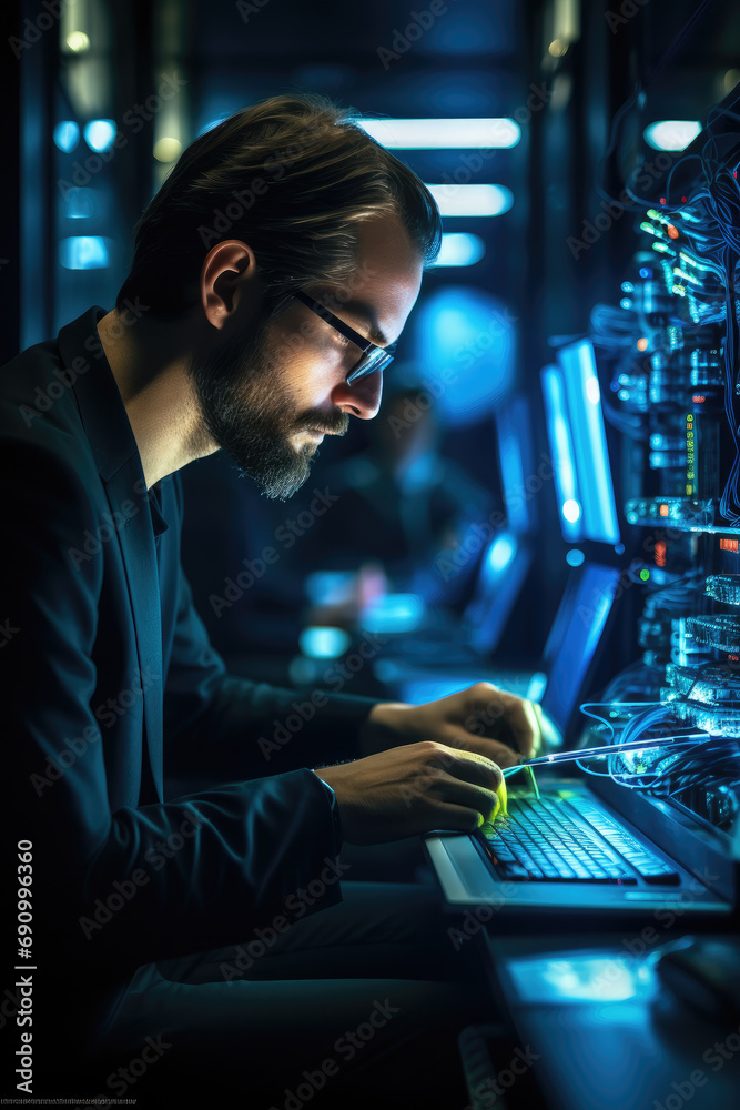 Aufkleber IT professional admin using laptop computer doing data transfer operation with rack server cabinets in digital room of data center, Cyber security.