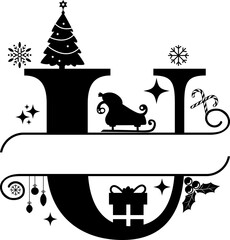 Fototapeta premium Letter U, Christmas Split Alphabet, Christmas Monogram, Christmas Letters
