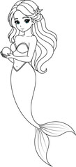 Hand-drawn illustration of kawaii mermaid princess coloring page for kids and adults. Mermaid colouring book	