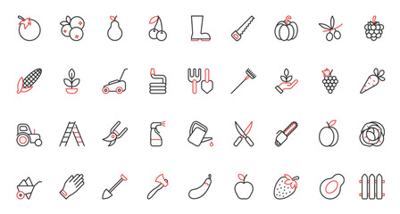 Garden tools and cultivation of agriculture harvest red black thin line icons set vector illustration. Gardening works and equipment to care grass on lawn, grow farm vegetables and fruit.