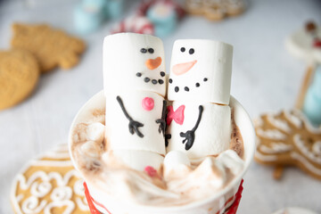 Cozy Winter Delight: Snowmen couple in Cocoa Wonderland