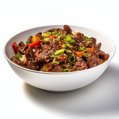 Delicious Chinese Szechuan Beef in a White Bowl AI Generated