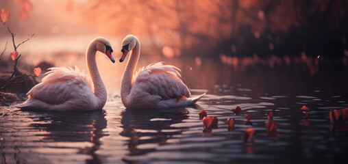 Affectionate swans form heart at sunset.
