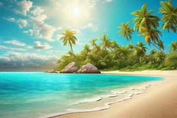 Fototapeta premium Seashore landscape with blue turquoise sea, beautiful green palm trees and white sand.