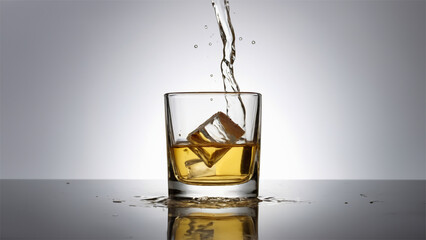 Whiskey glass and ice cubes