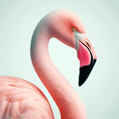 beautiful pink flamingo close up over solid white background. ai generative