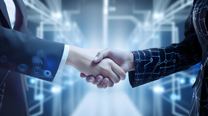 man and women shaking hands after an interview, both wearing suits, blue big data connections. generative AI